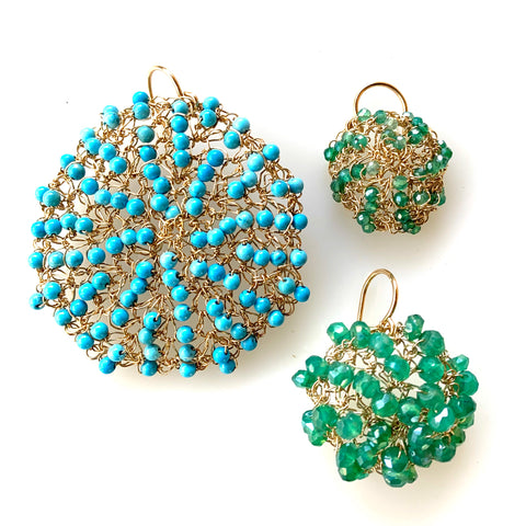 Sonya Ooten hand-crocheted gold-filled Cosmos earrings with sea-green quartz