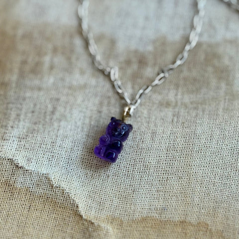Genuine gemstone gummy bear charms in amethyst, rose quartz, phrenite, crystal quartz, and cognac quartz with 14k gold bales by Sonya Ooten.