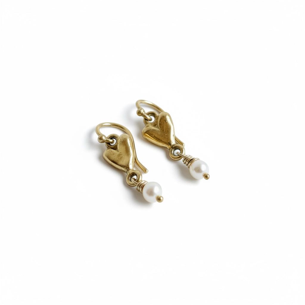 Carved Heart Earrings with Pearl Dangle