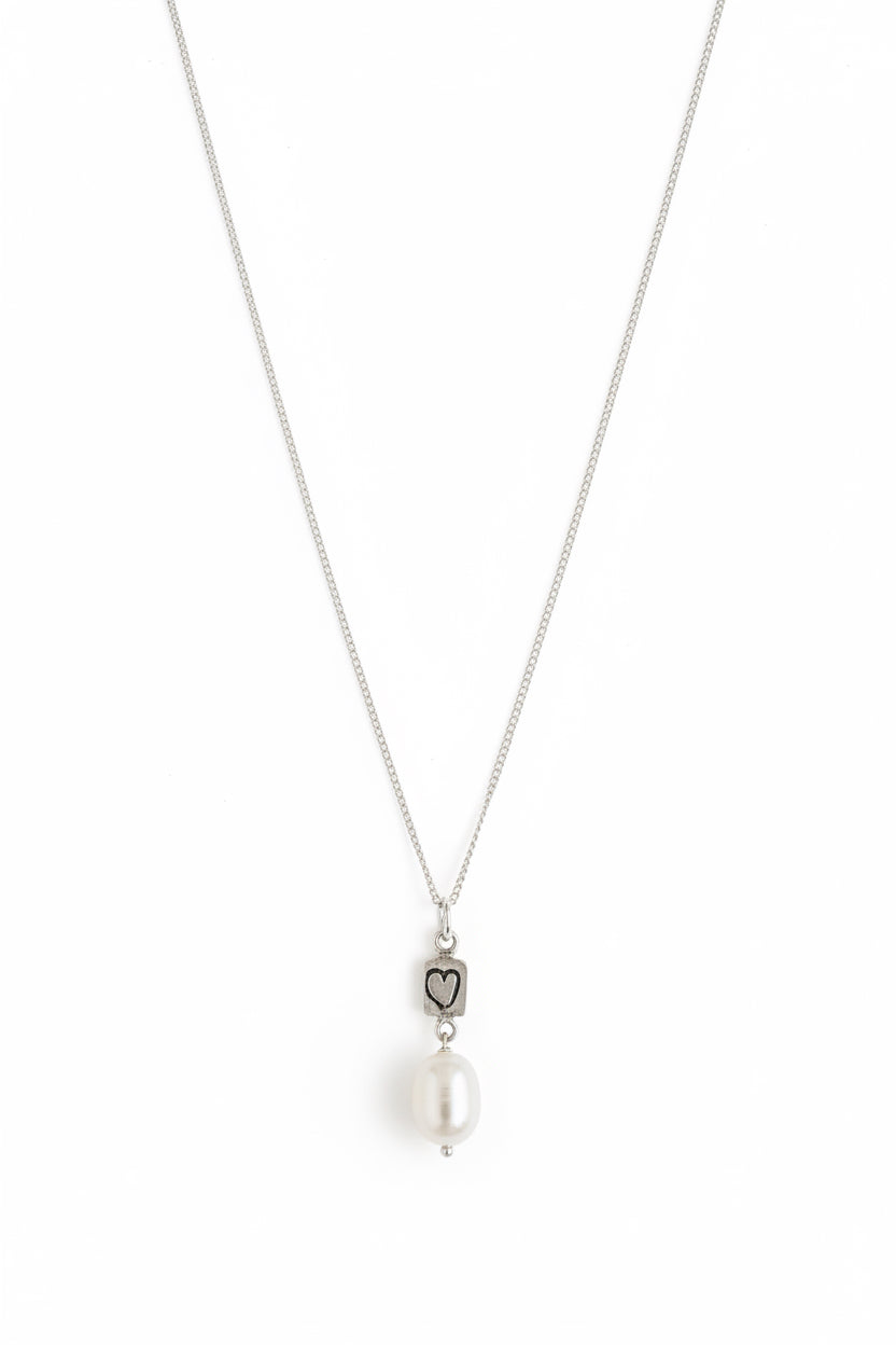 Silver Etched Heart Charm with White Pearl Drop