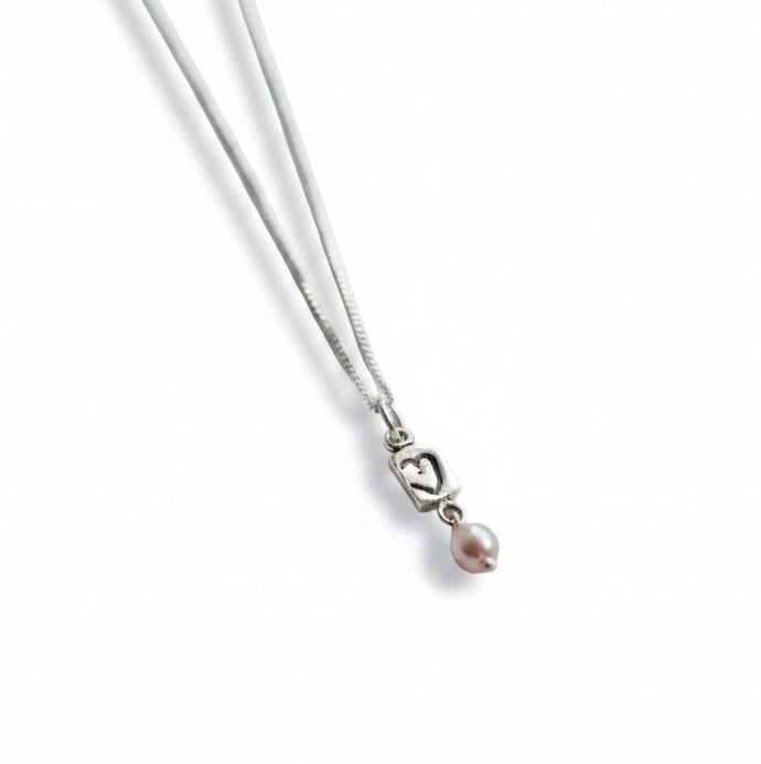 Silver Etched Heart Charm with Pink Pearl Drop