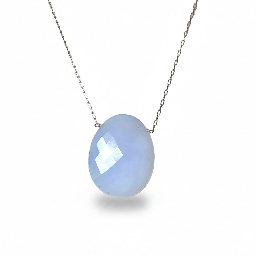 Blue Chalcedony Petite Gemstone Slice Necklace White Gold