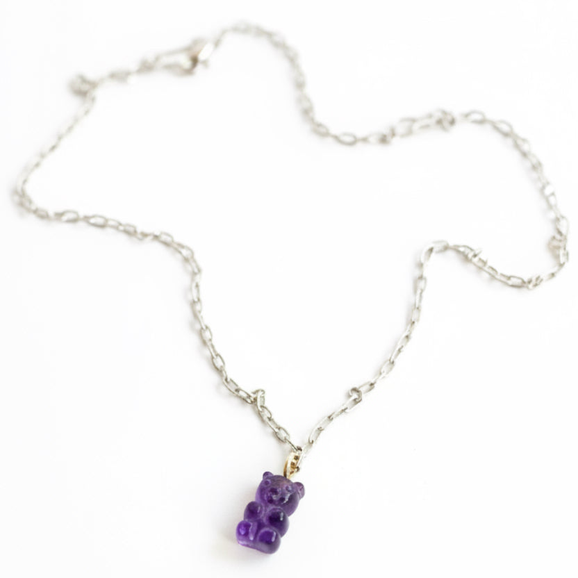 Genuine gemstone gummy bear charms in amethyst, rose quartz, phrenite, crystal quartz, and cognac quartz with 14k gold bales by Sonya Ooten.