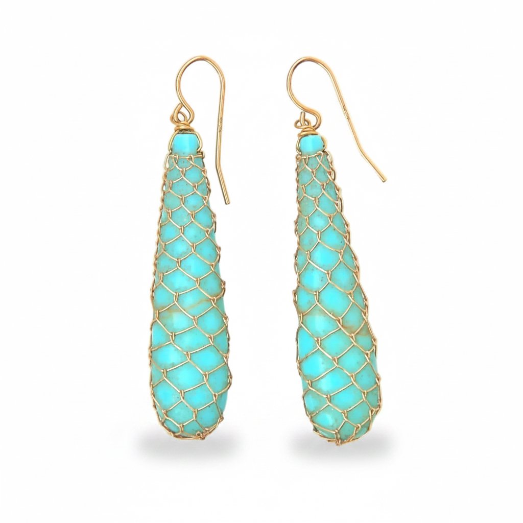 Turquoise fishnet earrings with gold frames on a white background