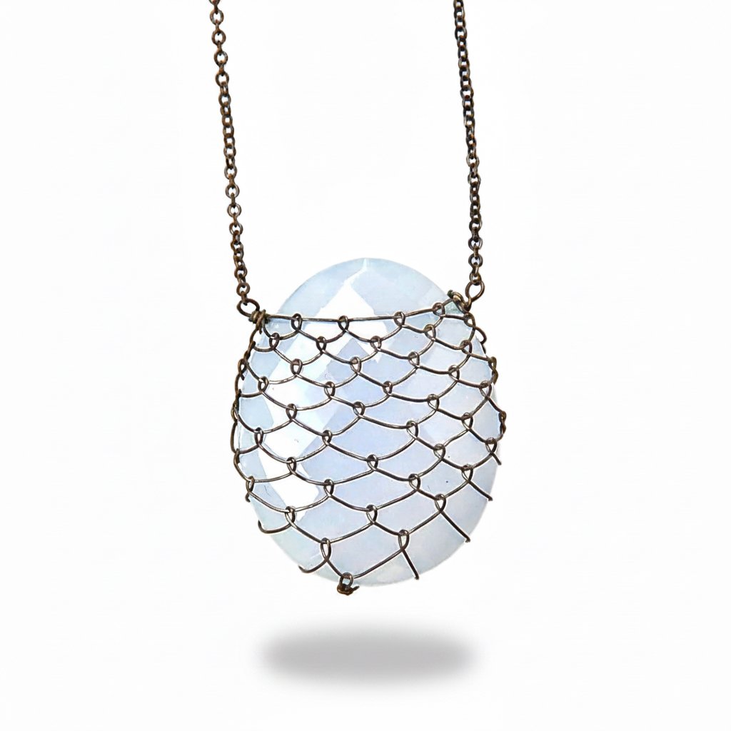 Blue Chalcedony Oxidized Silver Fishnet Slice Necklace