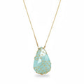 Necklace with a light blue teardrop-shaped gemstone on a white background