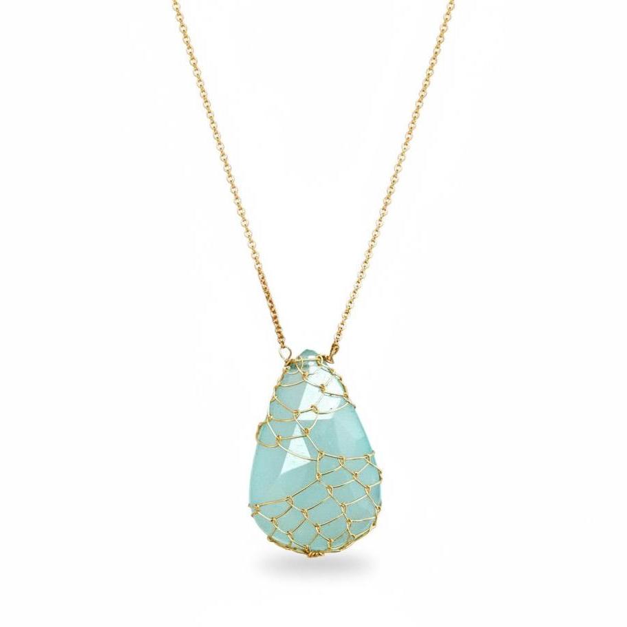 Necklace with a light blue teardrop-shaped gemstone on a white background