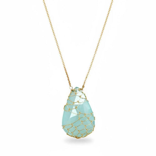 Necklace with a light blue teardrop-shaped gemstone on a white background