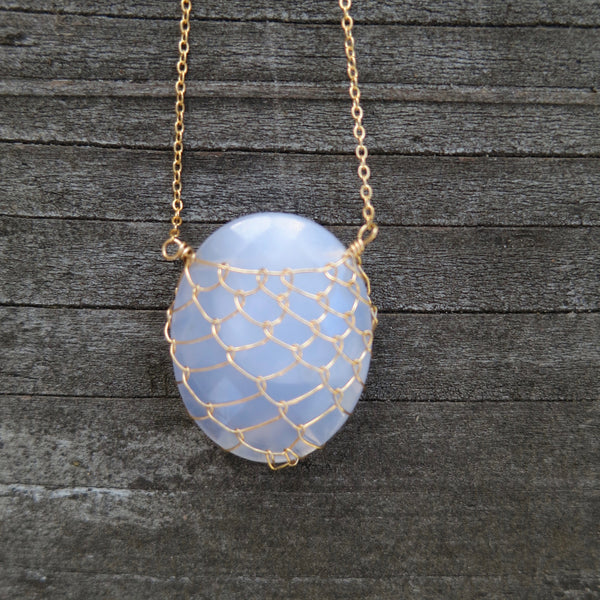 Sonya Ooten blue chalcedony fishnet gemstone slice necklace