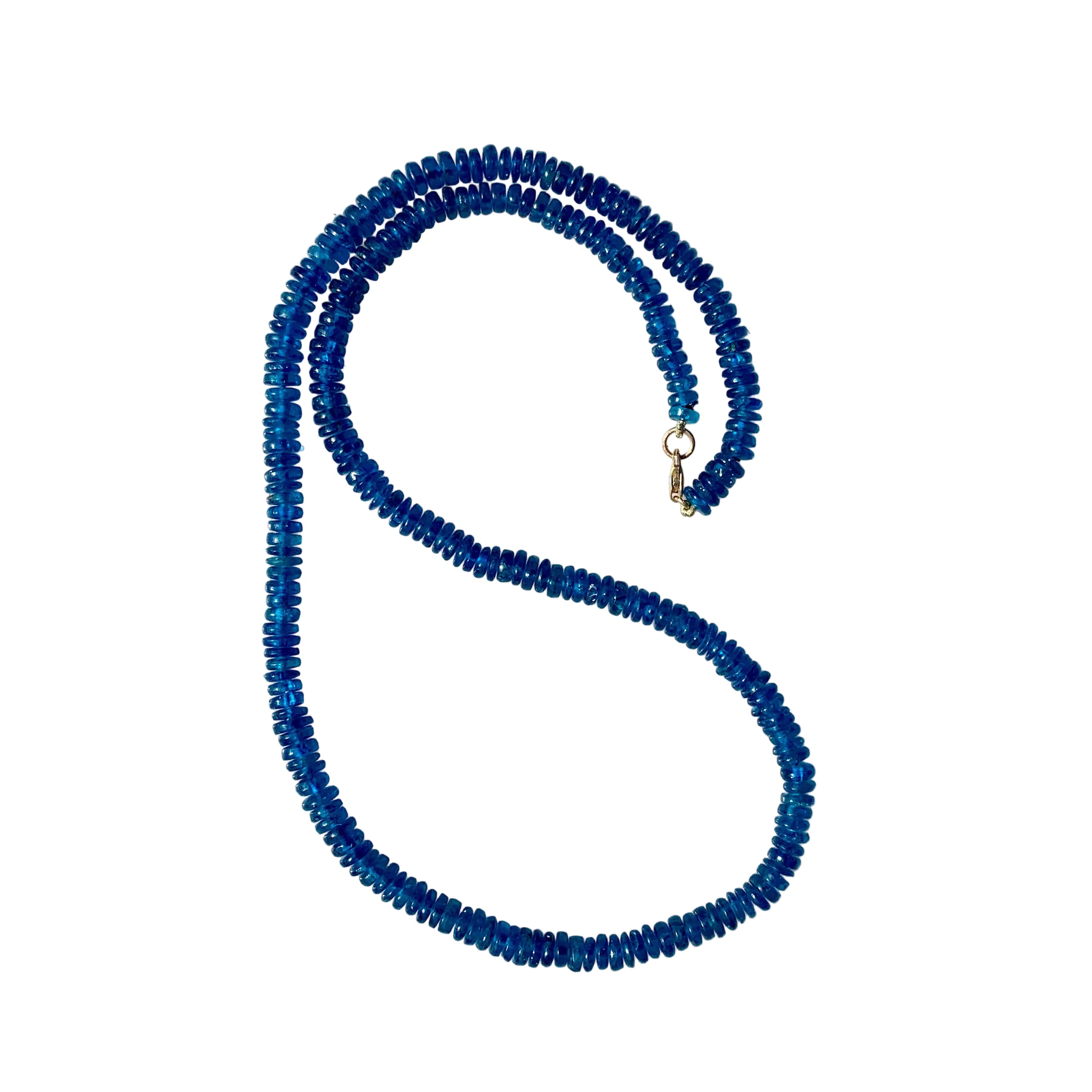 Blue beaded necklace on a white background