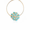 Gold hoop earring with turquoise beads on a white background