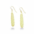 Yellow gemstone earrings with textured design on a white background
