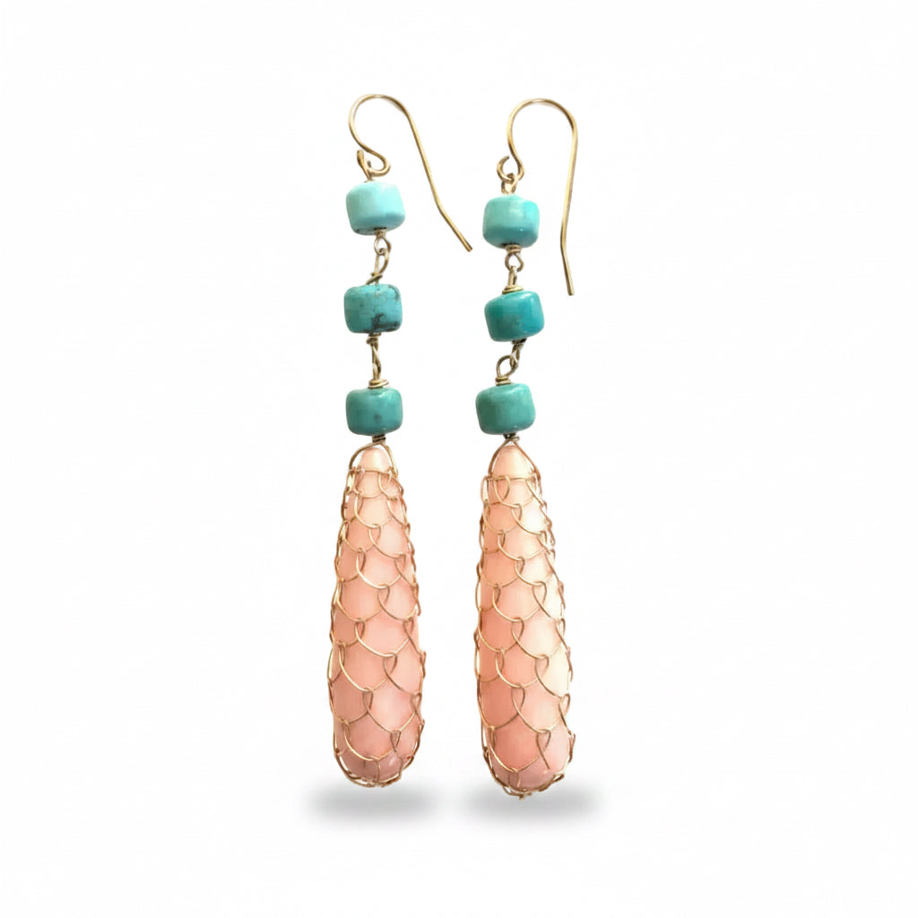 Fishnet Pink Coral & Turquoise Drop Earrings